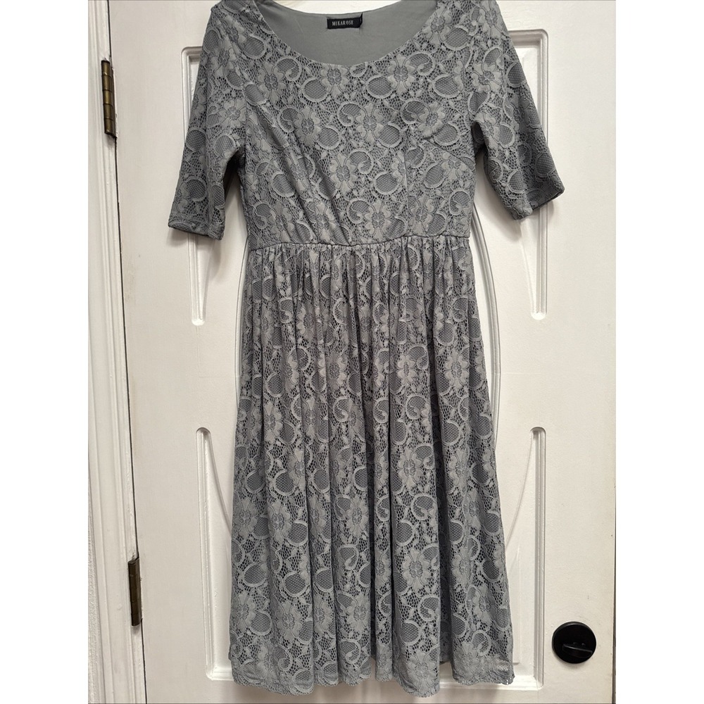 Mikarose Size Small Grey Lace Dress Flared Skirt 3/4 Sleeve Lined Elegant